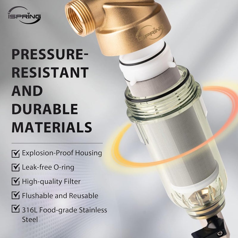 آي سبرينج iSpring WSP-50SL منقي مرشح مياه الرواسب القابل لإعادة الاستخدام للمنزل بالكامل، يتضمن سيليفوس يساعد على منع القياس والتآكل، 1 بوصة MNPT + 3/4 بوصة FNPT، 50 ميكرون - Image 2